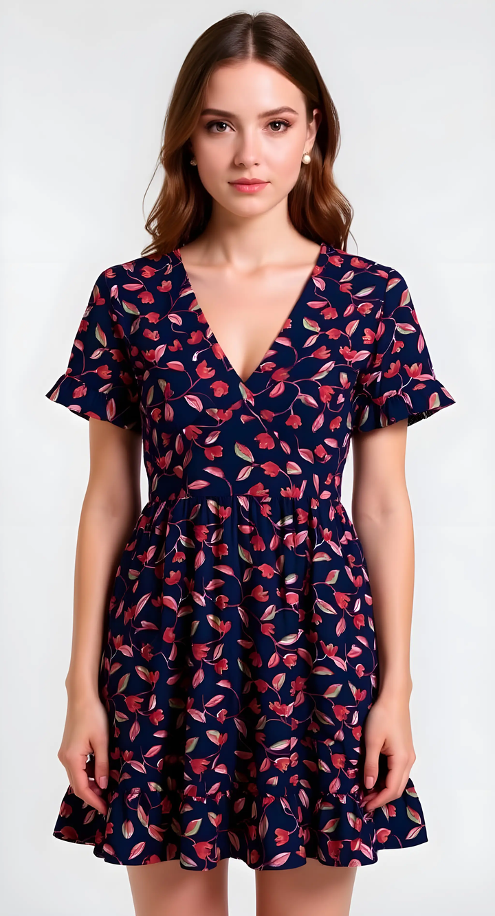 Vestido flores azul con rojo by Yanet Collective