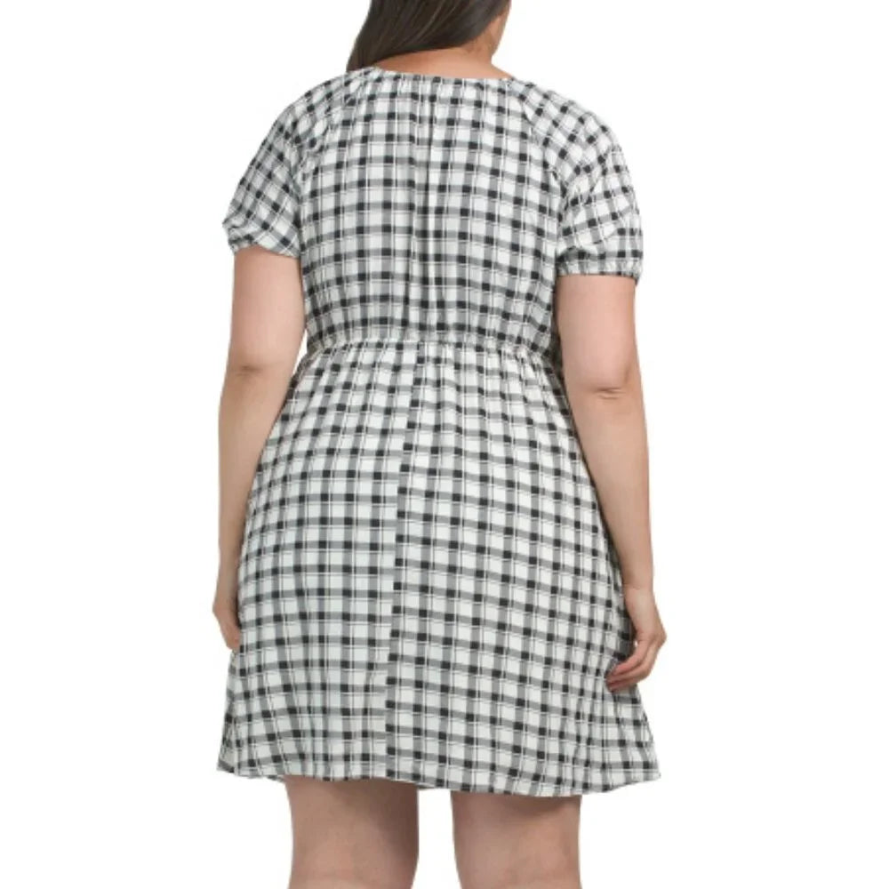 Vestido Corto de Cuadros Blanco y Negro con Bolsillo - Estilo Boutique