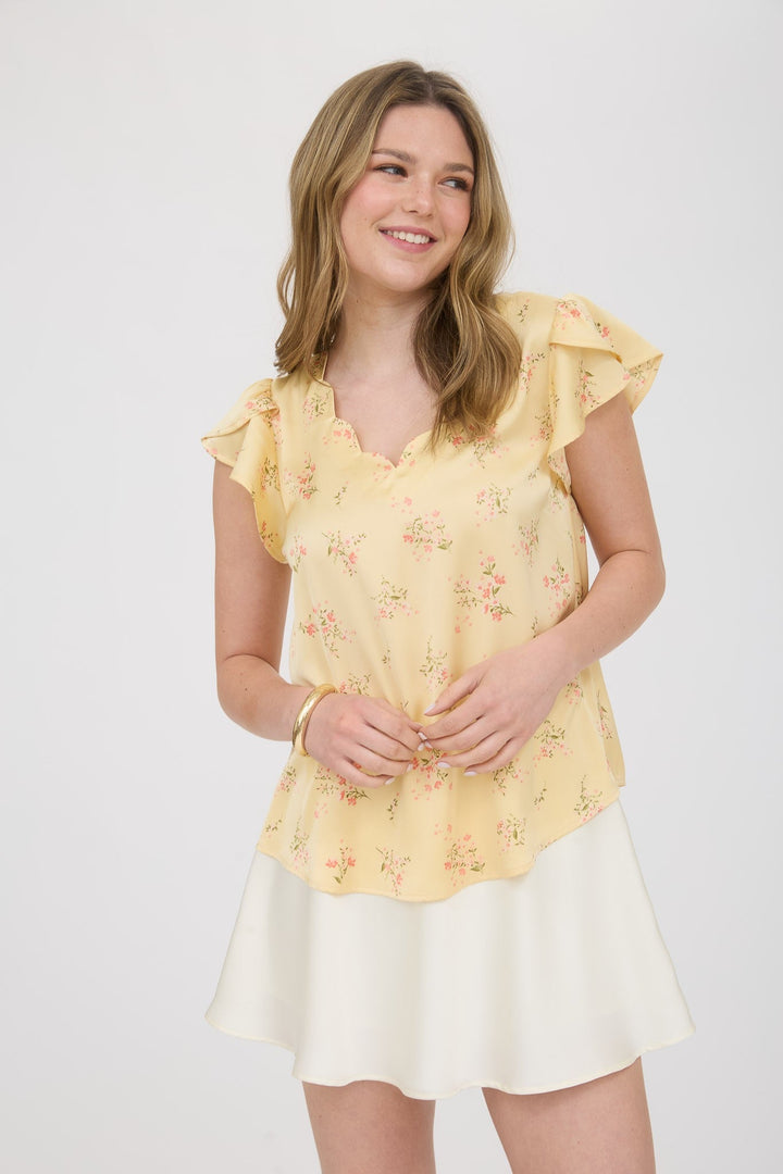 Yellow Flutter Sleeve V-Neck Top with Floral Print