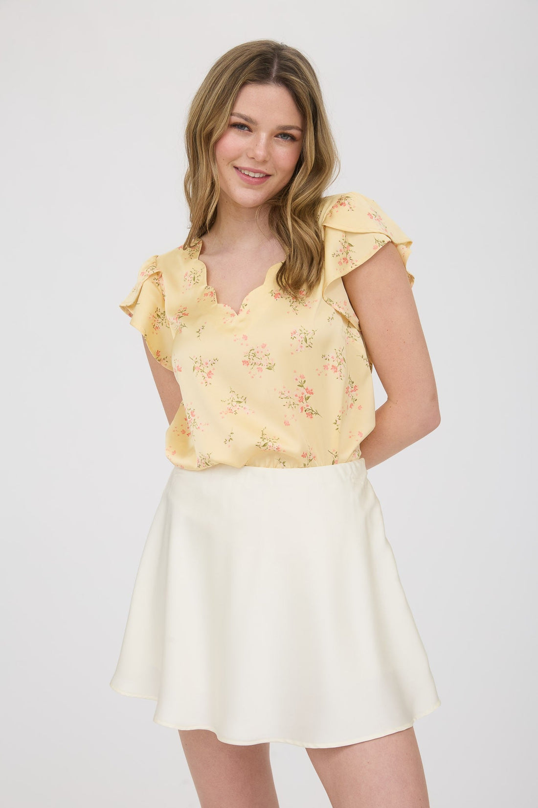 Yellow Flutter Sleeve V-Neck Top with Floral Print