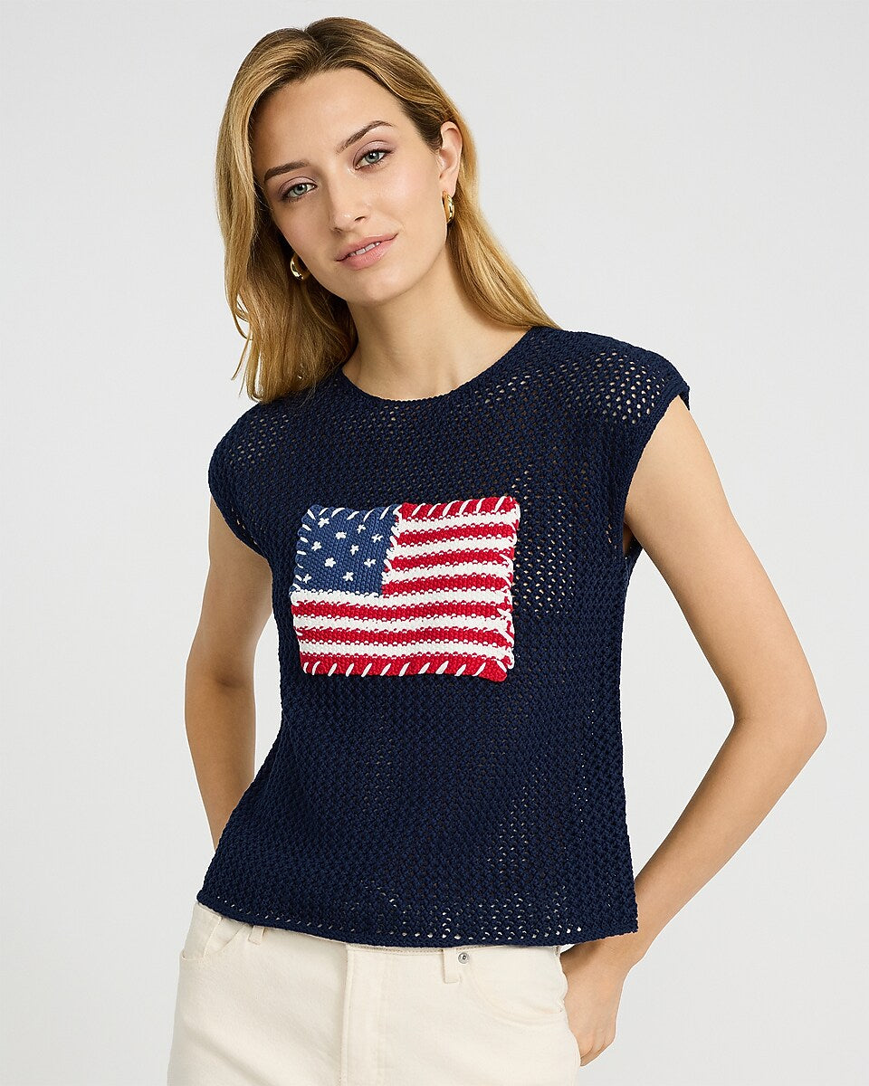 Top de Punto Azul Marino sin Mangas con Detalle de Bandera - Estilo Boutique