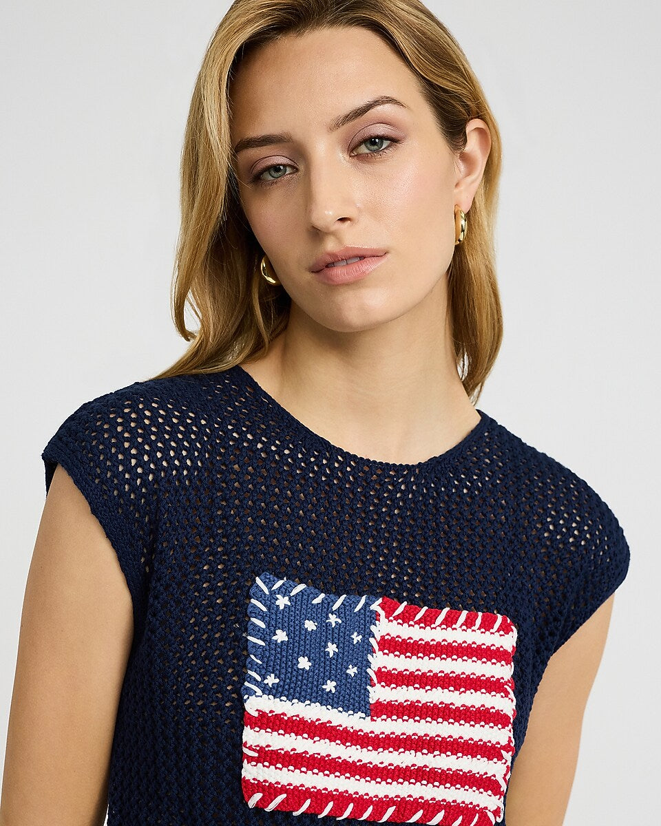 Top de Punto Azul Marino sin Mangas con Detalle de Bandera - Estilo Boutique