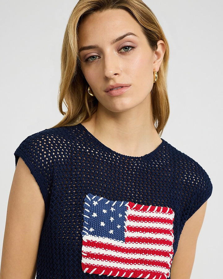 Top de Punto Azul Marino sin Mangas con Detalle de Bandera - Estilo Boutique