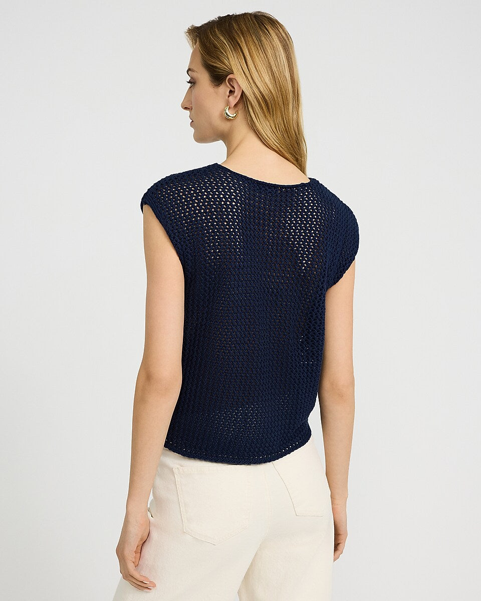 Top de Punto Azul Marino sin Mangas con Detalle de Bandera - Estilo Boutique