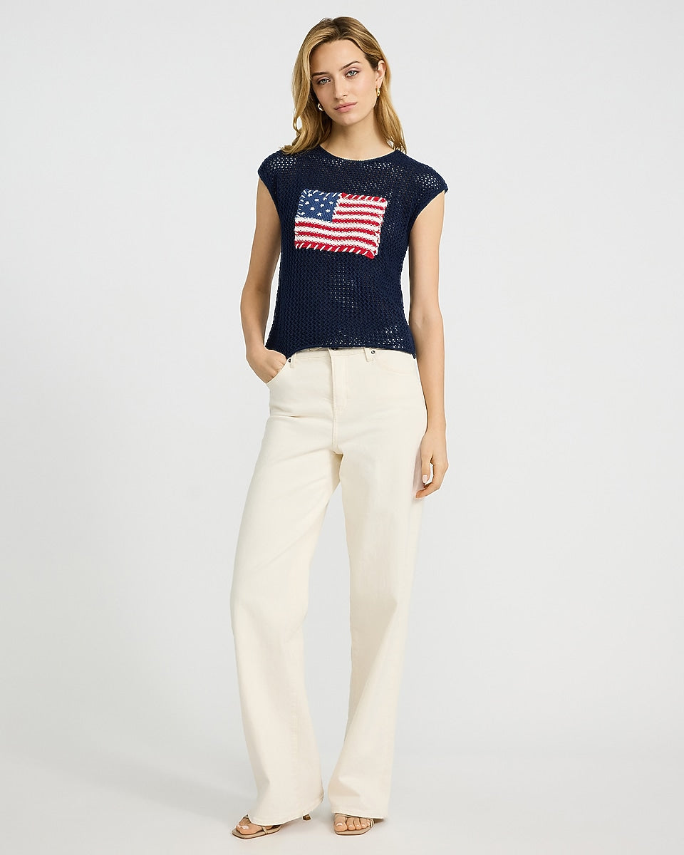 Top de Punto Azul Marino sin Mangas con Detalle de Bandera - Estilo Boutique