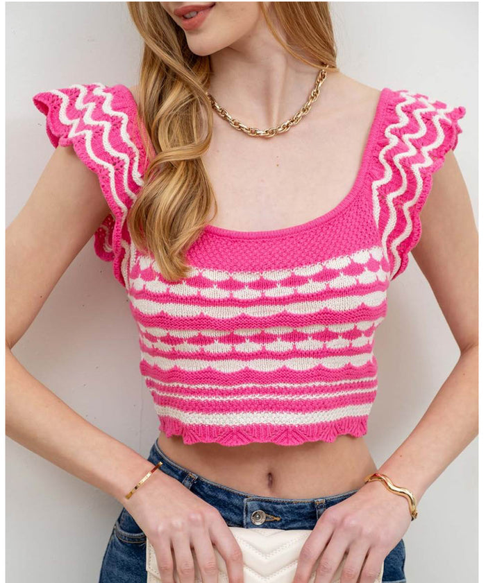 Suéter Corto Rosa con Bordes Festoneados | Estilo Boutique