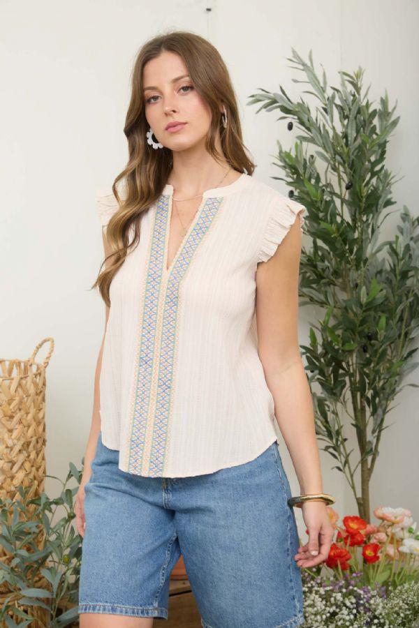 Túnica Beige de Manga Corta con Bordados Artesanales