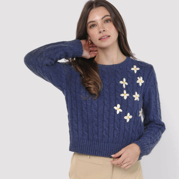 Suéter de Punto Trenzado Azul Marino con Apliques Florales