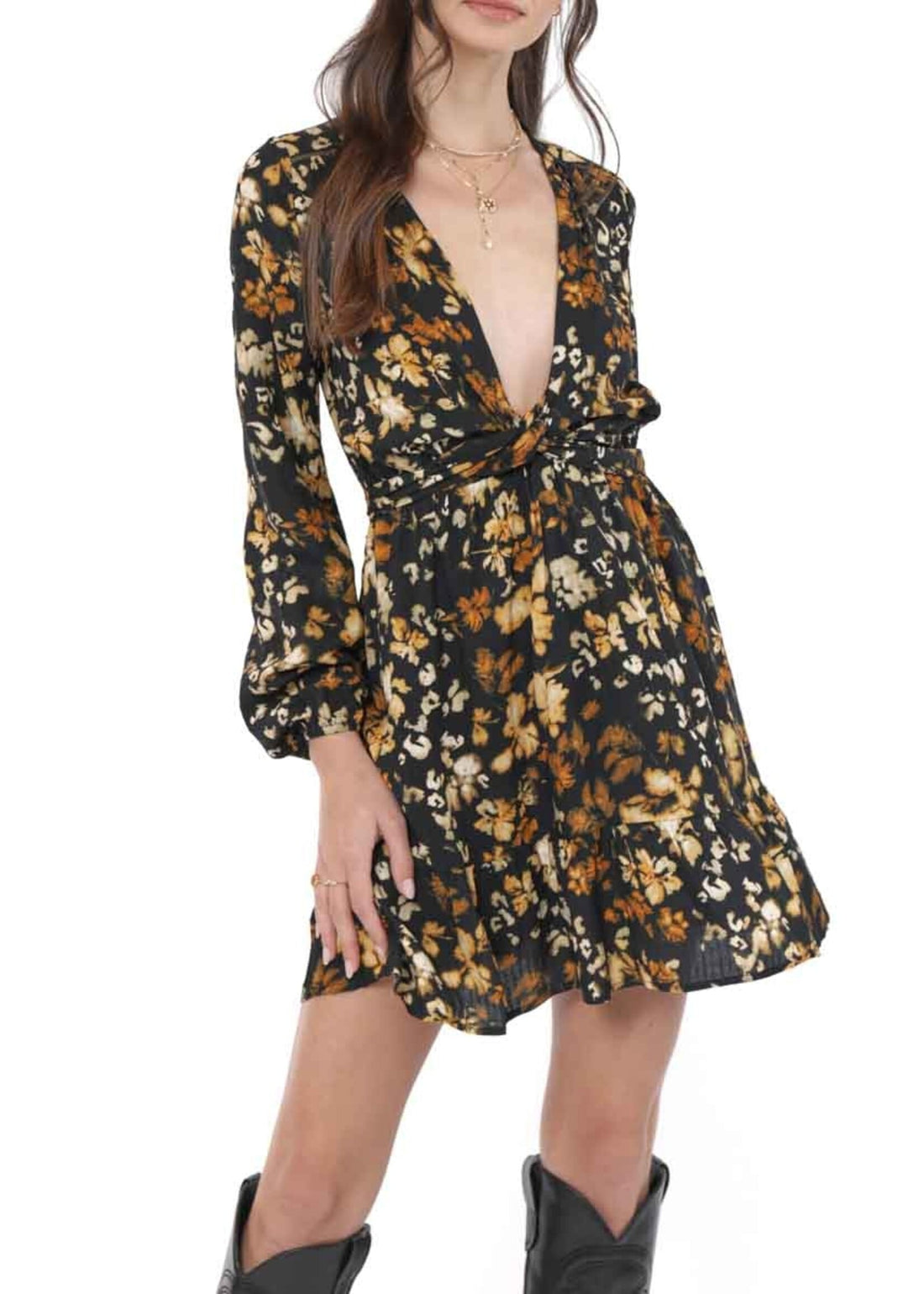 Black Floral Long Sleeve Wrap Dress with Tie Detail