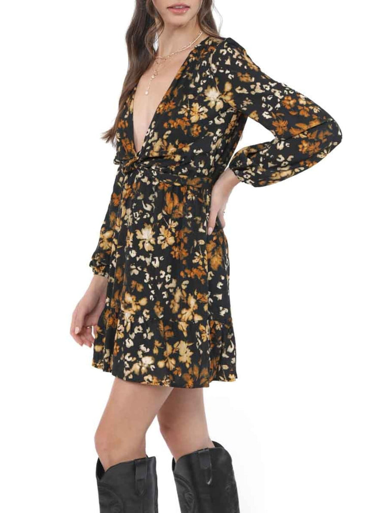 Black Floral Long Sleeve Wrap Dress with Tie Detail