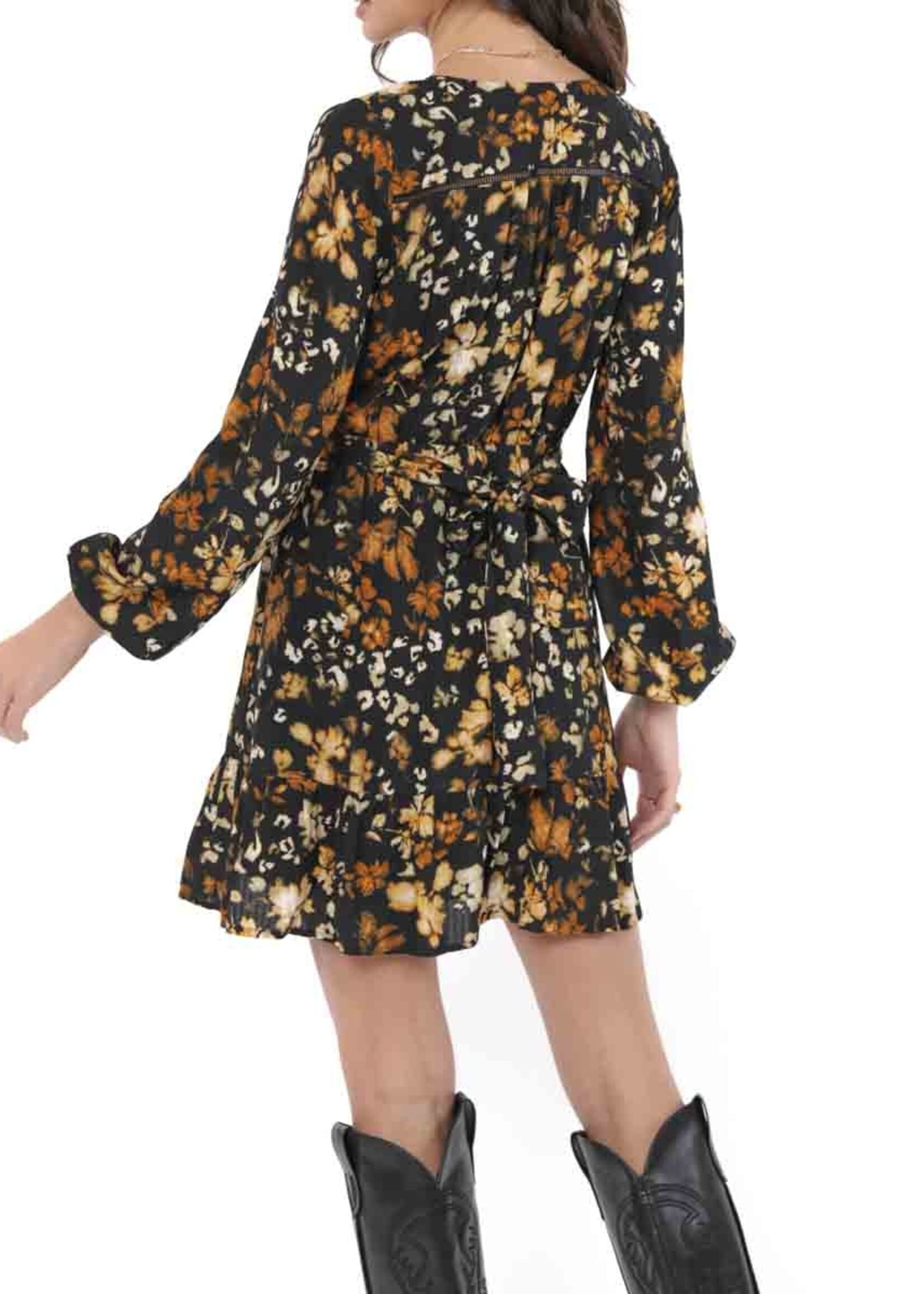 Black Floral Long Sleeve Wrap Dress with Tie Detail