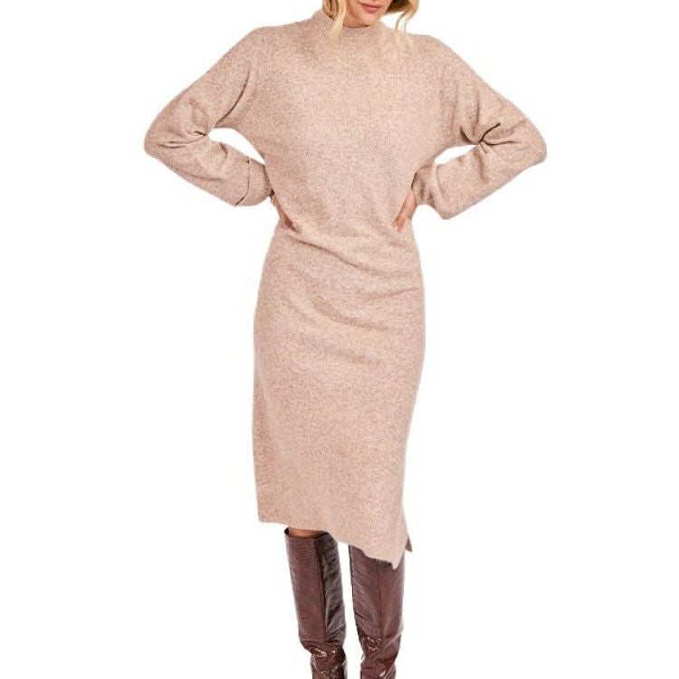 Beige Knit Mock Neck Dress with Side Slits