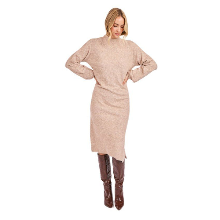 Beige Knit Mock Neck Dress with Side Slits