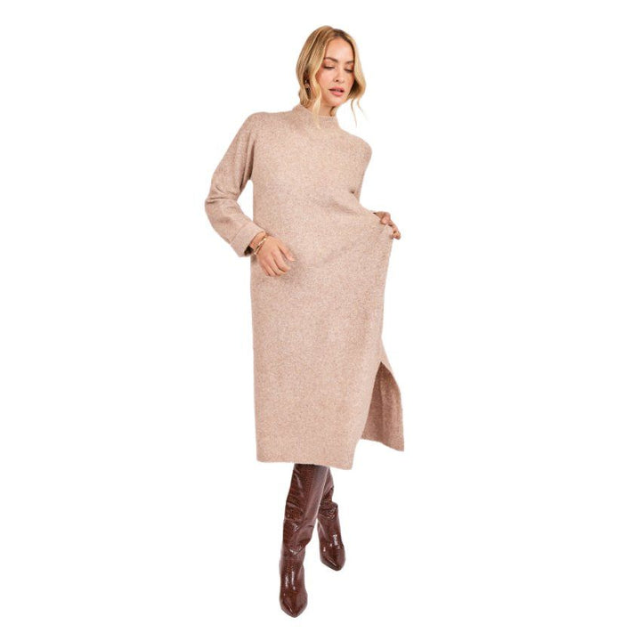 Beige Knit Mock Neck Dress with Side Slits