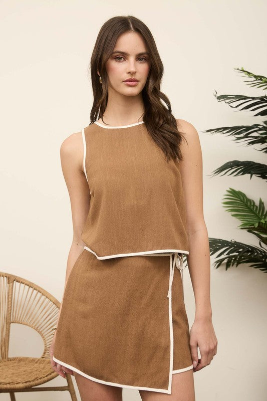Brown Wrap Skirt with Contrast Trim