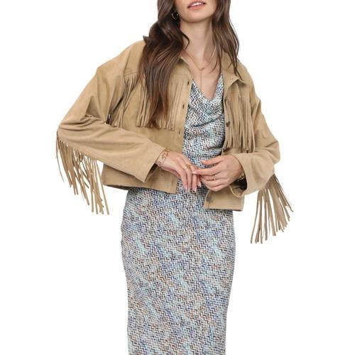 Beige Button-Up Cropped Jacket with Fringe Detail
