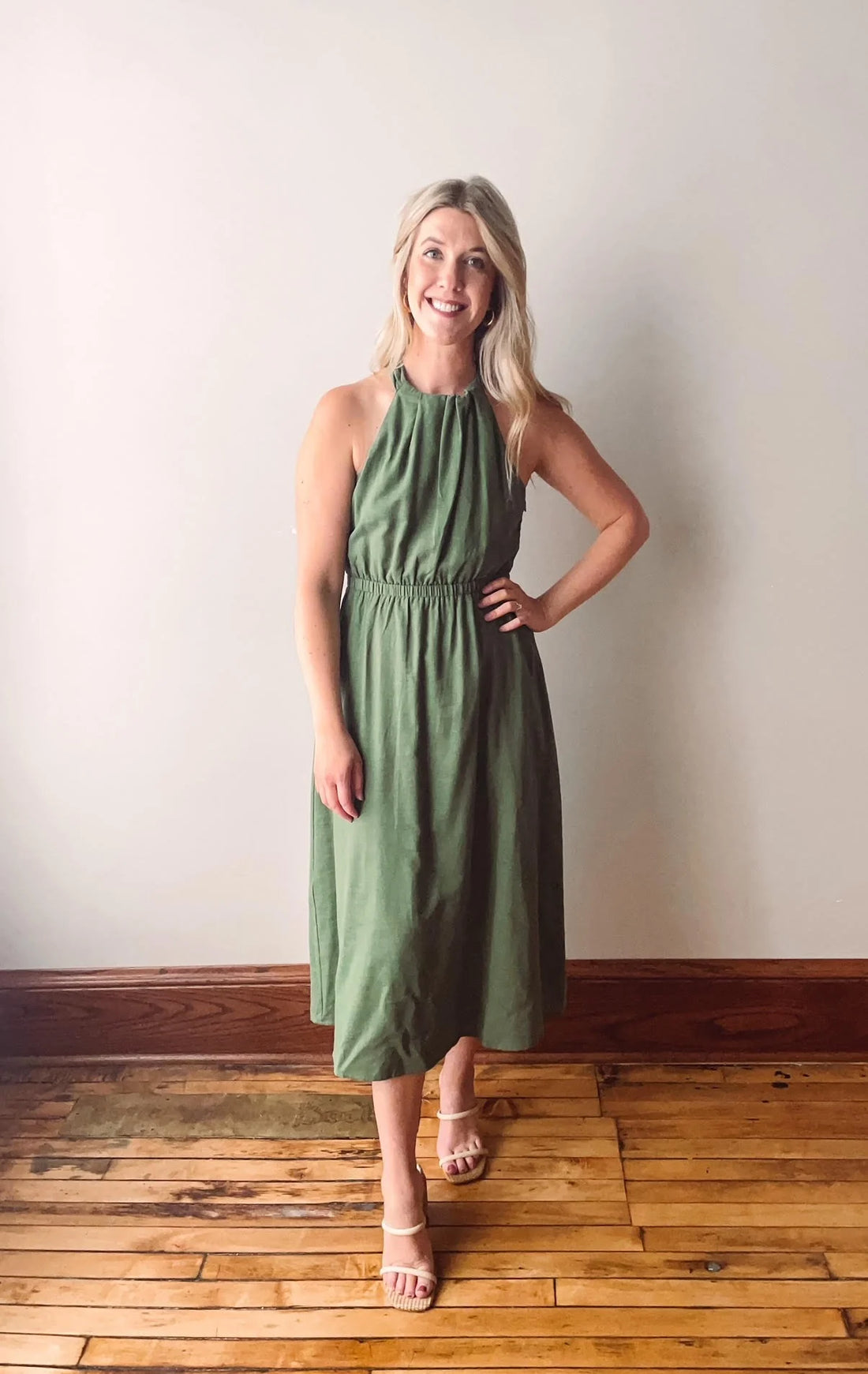 Green Sleeveless Gathered Dress with Drawstring Waist