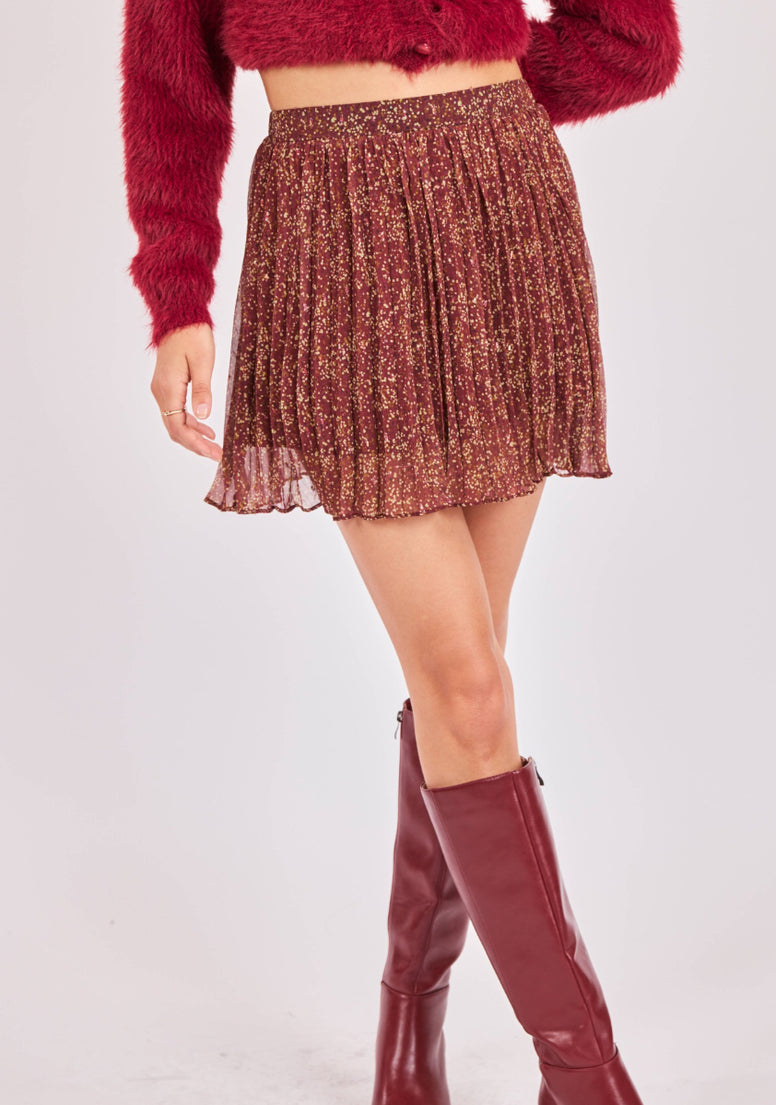 Burgundy Pleated Mini Skirt with Floral Print