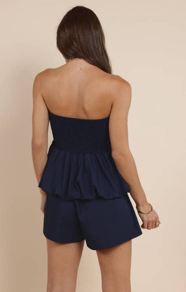 Navy Strapless Smocked Top with Bow Detail
