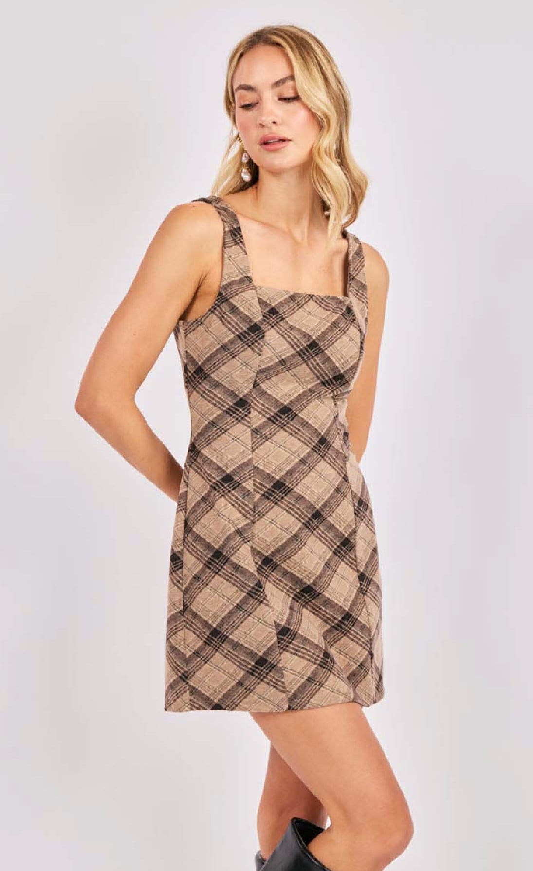 Brown Checkered Sleeveless Mini Dress with Square Neck