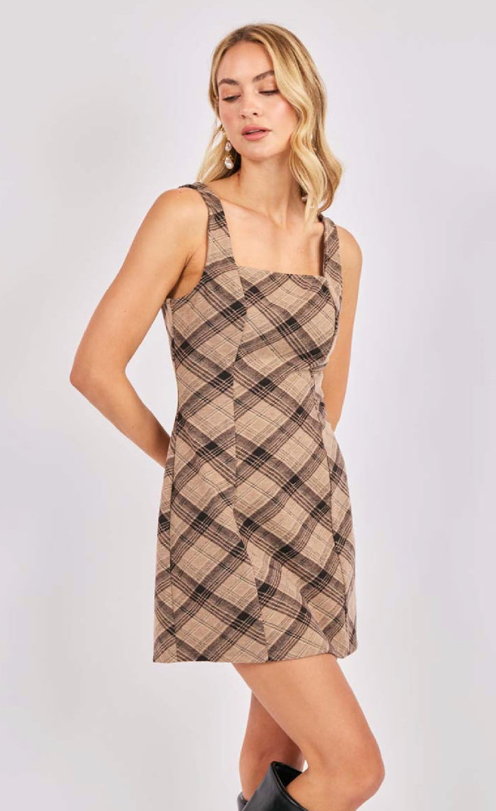 Brown Checkered Sleeveless Mini Dress with Square Neck