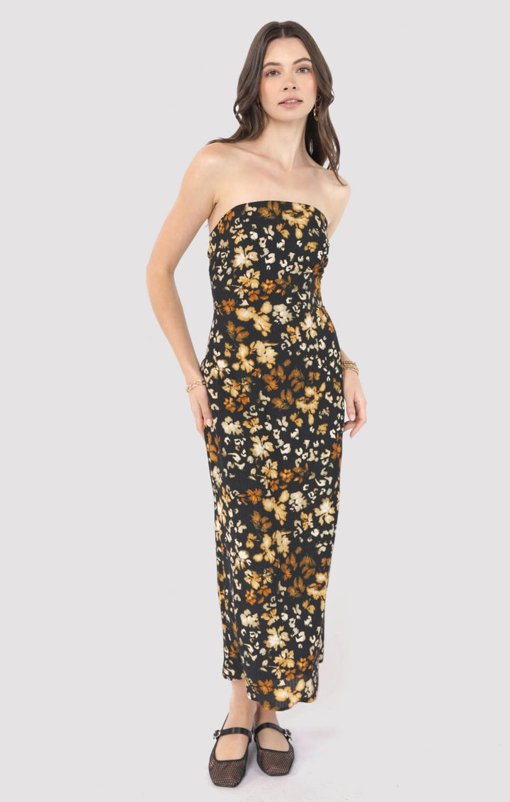 Black Floral Strapples Midi Dress