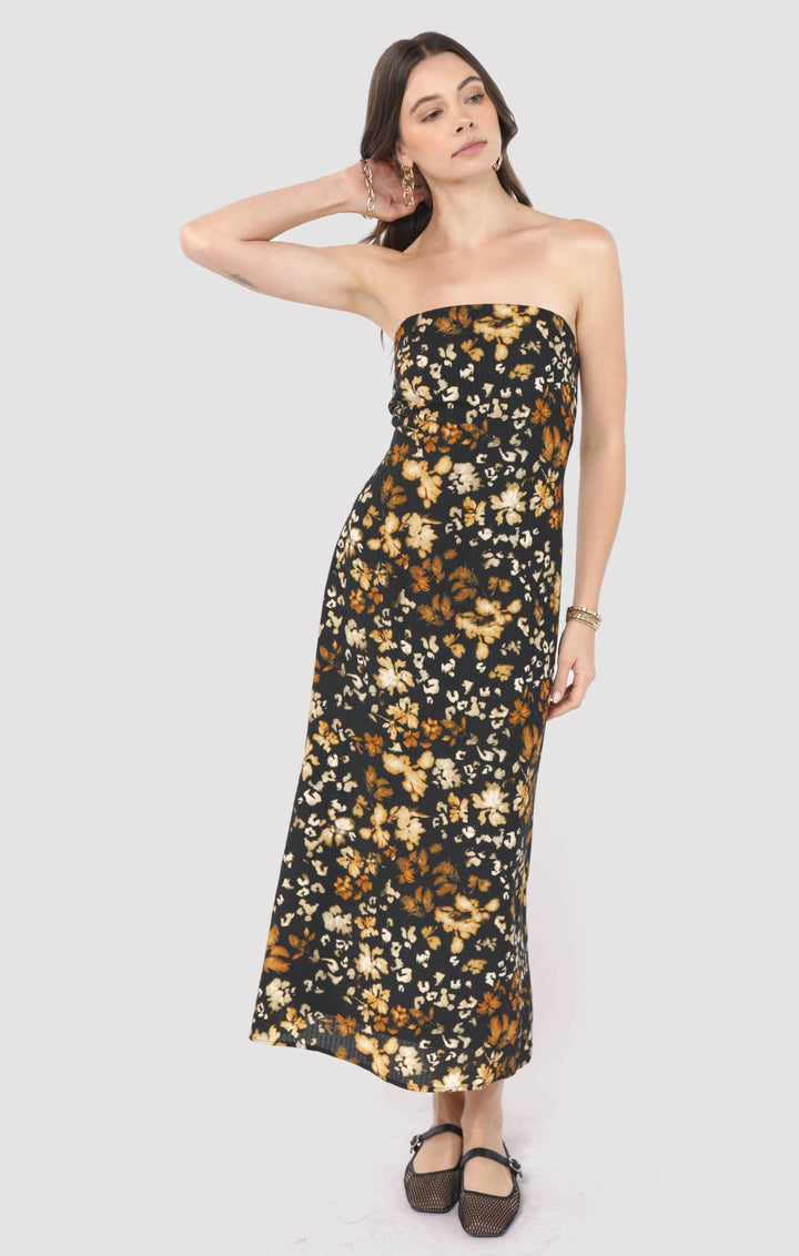Black Floral Strapples Midi Dress