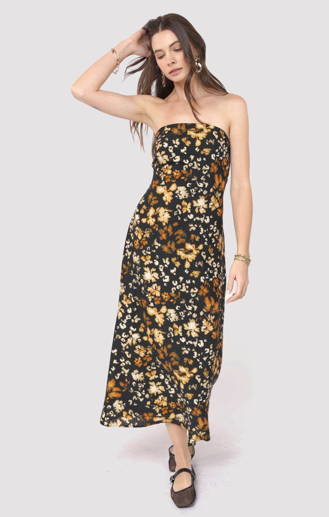 Black Floral Strapples Midi Dress