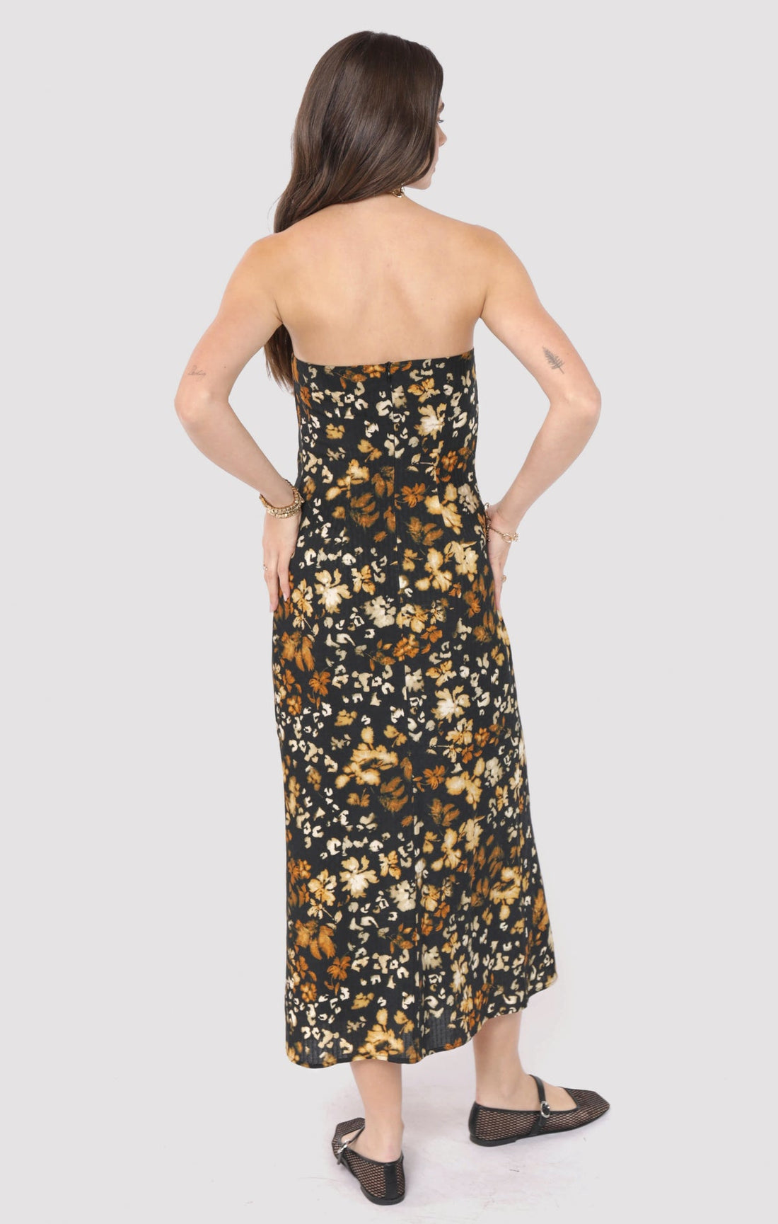 Black Floral Strapples Midi Dress