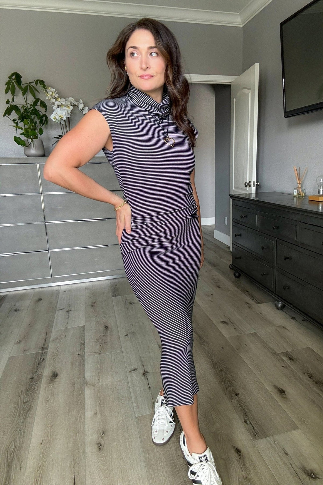 Gray Striped Turtle Neck Maxi Dress