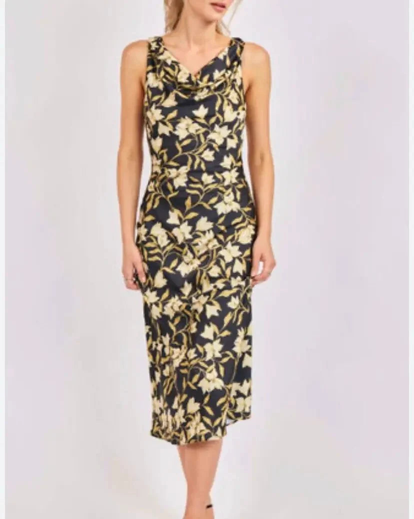 Black Floral Cowl Neck Maxi Dress