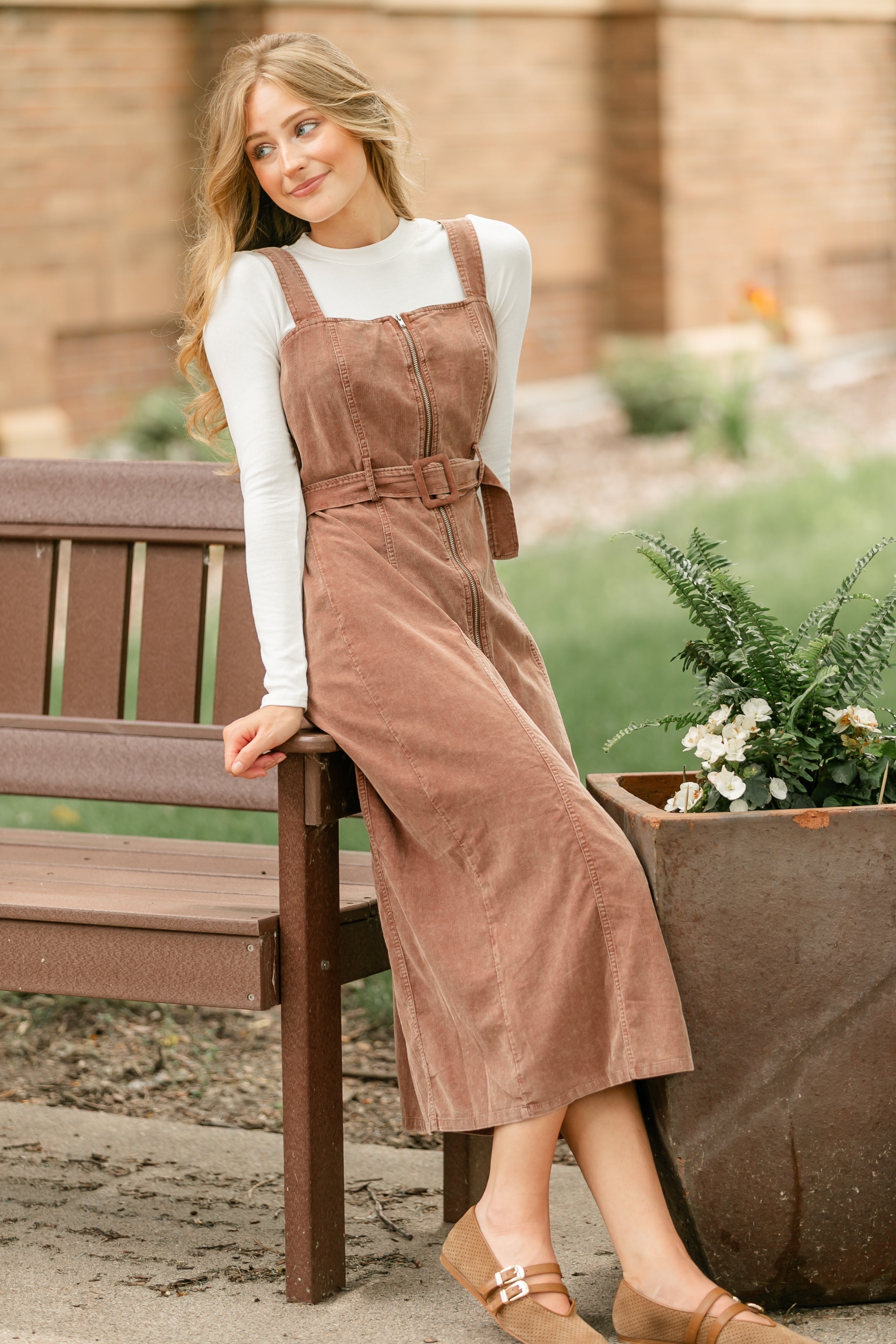 Rust Sleeveless Zip-Front Dress with Belted Waist