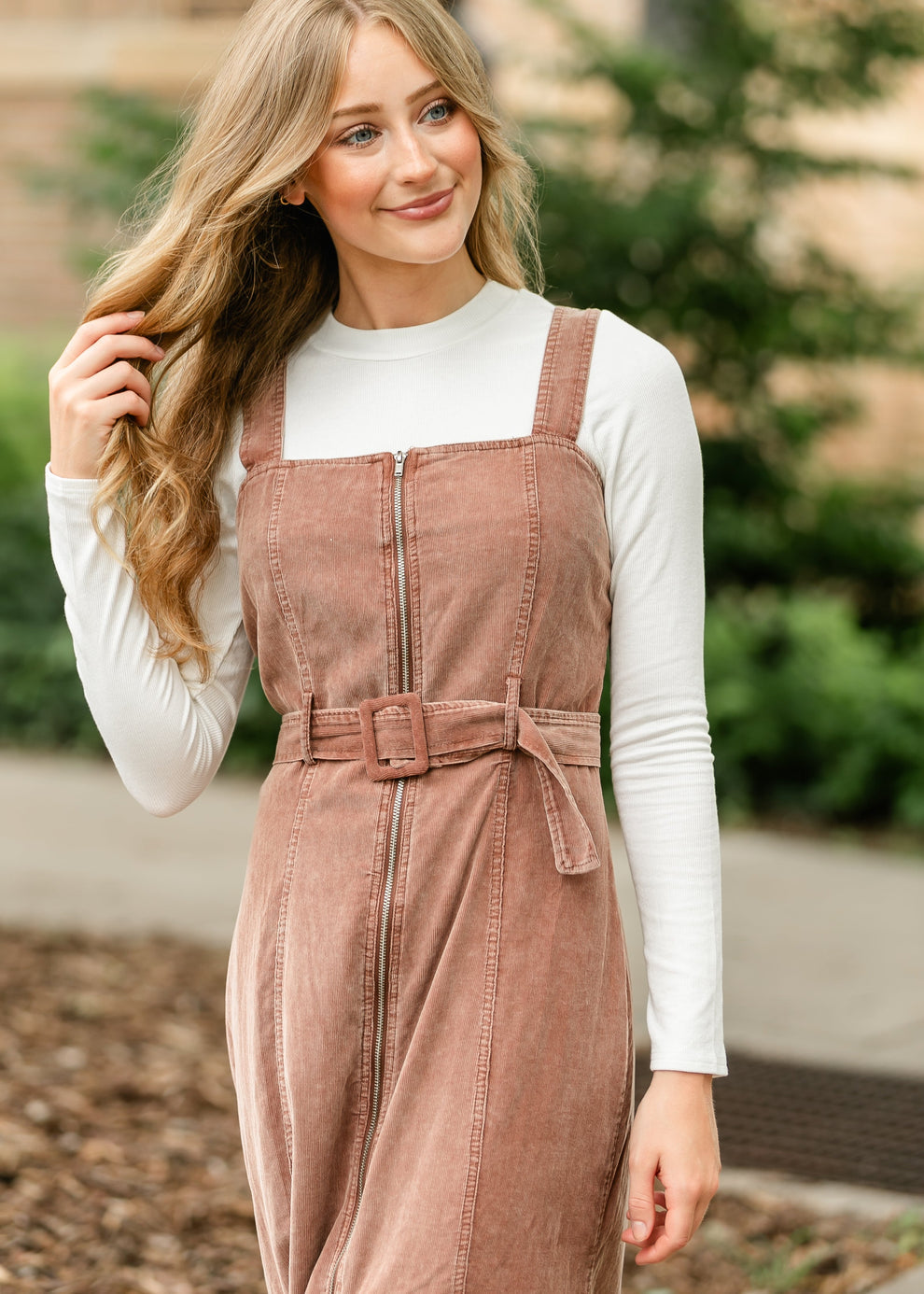Rust Sleeveless Zip-Front Dress with Belted Waist