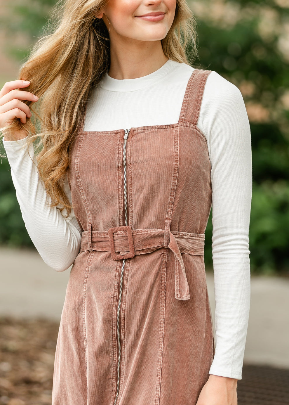 Rust Sleeveless Zip-Front Dress with Belted Waist
