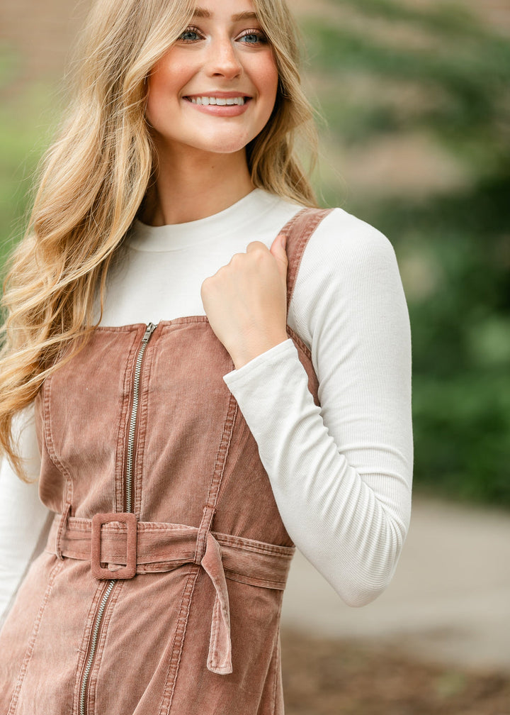 Rust Sleeveless Zip-Front Dress with Belted Waist
