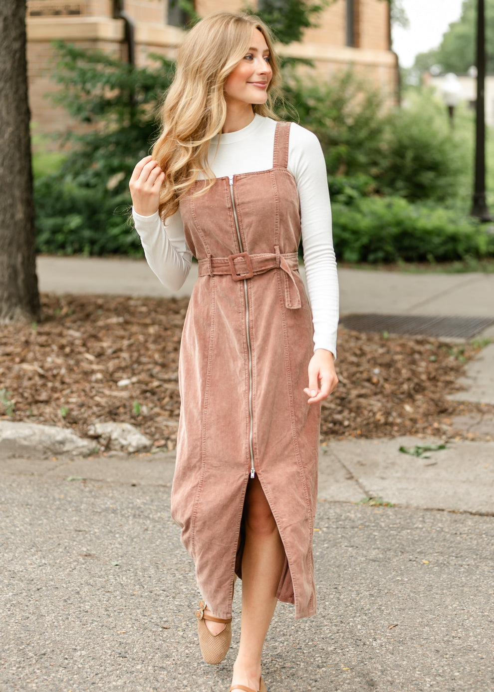 Rust Sleeveless Zip-Front Dress with Belted Waist