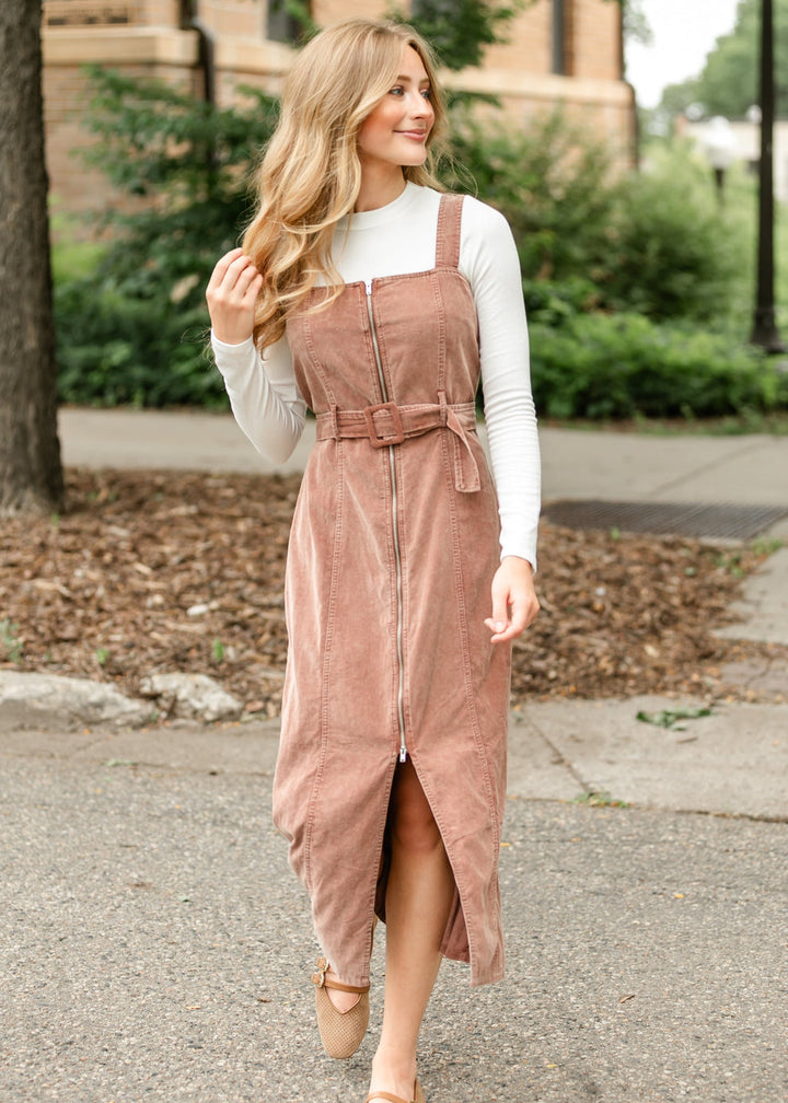 Rust Sleeveless Zip-Front Dress with Belted Waist