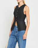 Chaleco Top Negro de Lino Botones Bordes Dorados