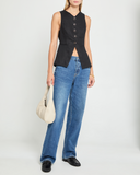 Chaleco Top Negro de Lino Botones Bordes Dorados