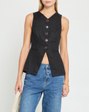 Chaleco Top Negro de Lino Botones Bordes Dorados
