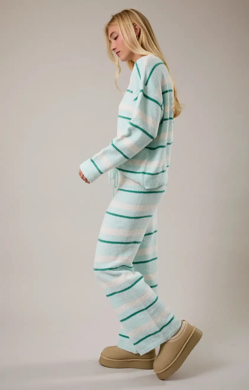 Indigeaux Boutique Striped Fuzzy Knit Lounge Pants – Soft Wide Leg Drawstring Pants - Lounge Set