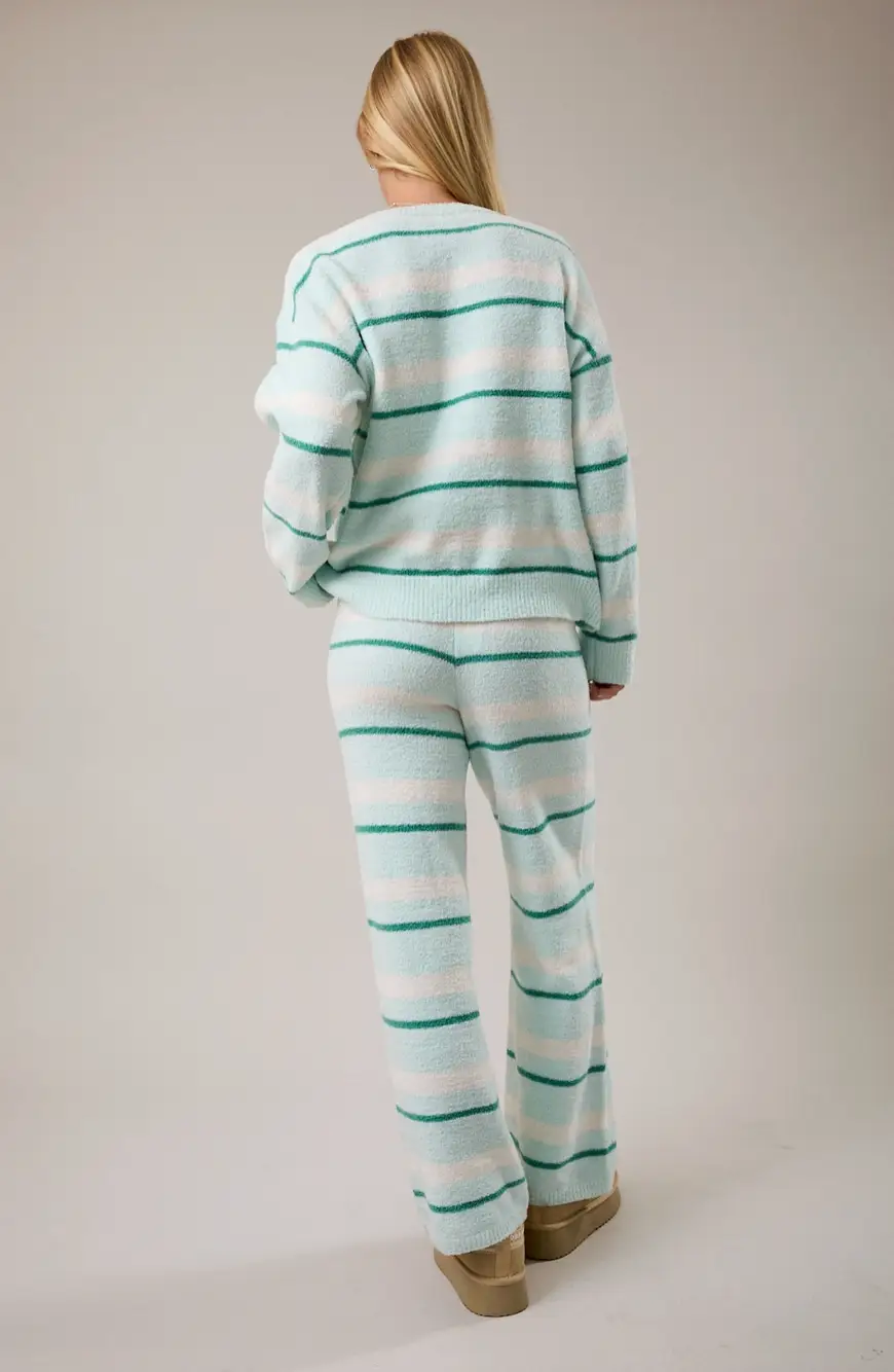 Indigeaux Boutique Striped Fuzzy Knit Lounge Pants – Soft Wide Leg Drawstring Pants - Lounge Set