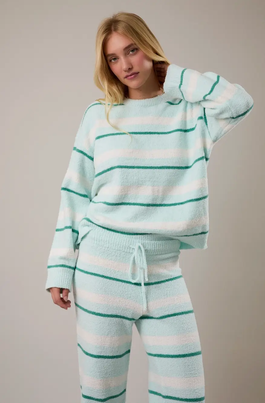 Indigeaux Boutique Striped Fuzzy Knit Lounge Pants – Soft Wide Leg Drawstring Pants - Lounge Set