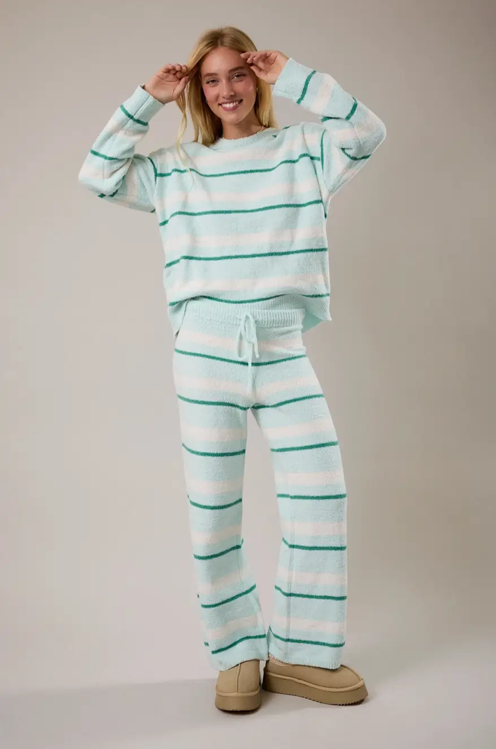 Indigeaux Boutique Striped Fuzzy Knit Sweater Top – Oversized Crew Neck Lounge Top - Lounge Set