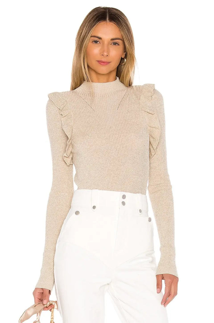 MAJORELLE Ruffle Detail Ribbed Long Sleeve Top – Mock Neck Knit Sweater Top - Sweater