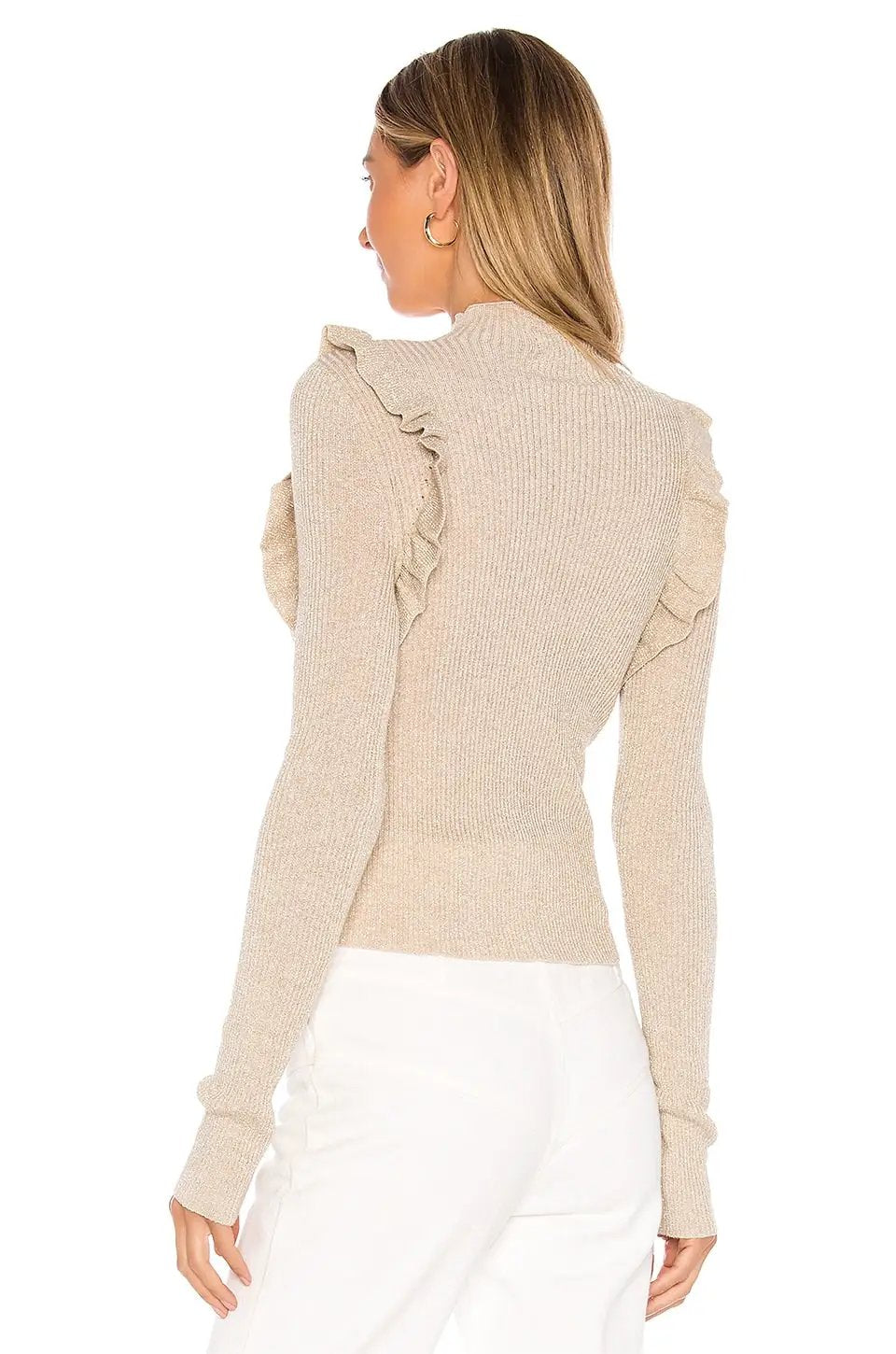 MAJORELLE Ruffle Detail Ribbed Long Sleeve Top – Mock Neck Knit Sweater Top - Sweater