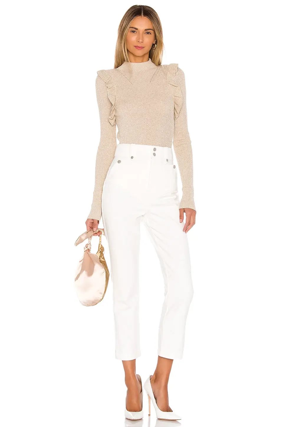 MAJORELLE Ruffle Detail Ribbed Long Sleeve Top – Mock Neck Knit Sweater Top - Sweater