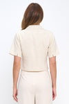 Saco Top Corto Mujer Lino Beige Elegante con Moño Frontal y Mangas Cortas Beige