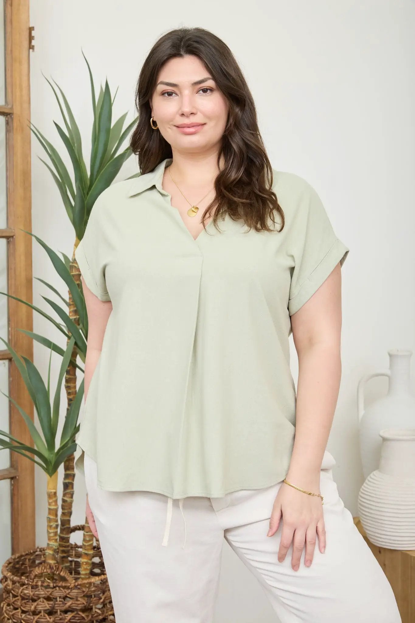 Blusa de Lino Plus Size con Cuello Camisero y Manga con Puño by shopblupepper