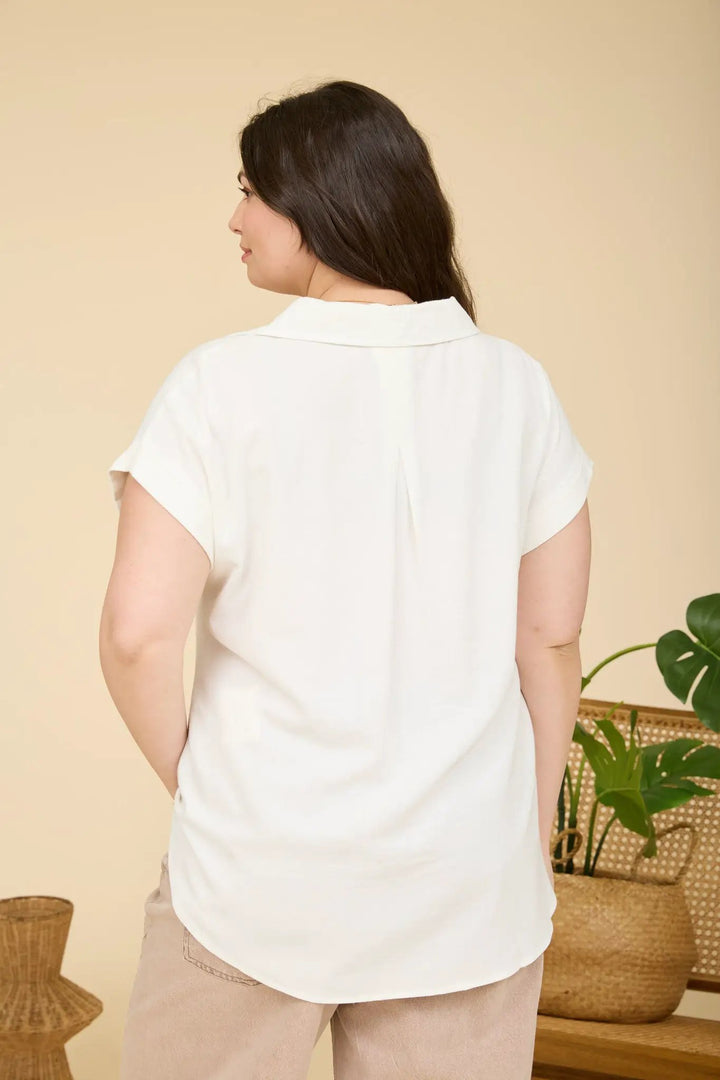 Blusa de Lino Plus Size con Cuello Camisero y Manga con Puño by shopblupepper